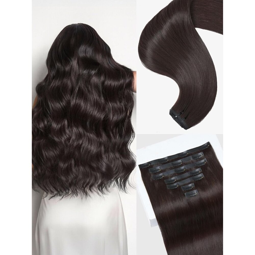 Clip Ins Hair Extensions Human Hair Dark Brown 100g 7 Piece Seamless